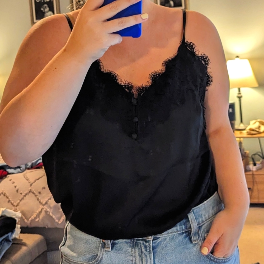 Abercrombie and Fitch black satin tank top with lace trim, large